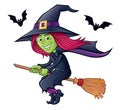 Cute Smiling Witch Flying On Her Broomstick