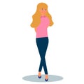 Cute smiling woman standing in stylish pose. Cross-legged girl. Vector illustration on white background in cartoon style
