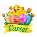 Cute smiling yellow chick hugging painted eggs on the grass with orange tulips and Easter ribbon. Vector illustration isolated on