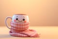 Cute smilling cup in a scarf on soft pastel background