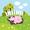 Cute smilling vector pig on a farm field