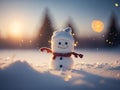 cute smily snowman standing on snowy field. ai generative