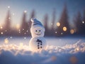 cute smily snowman standing on snowy field. ai generative