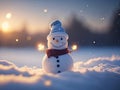 cute smily snowman standing on snowy field. ai generative