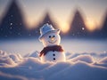 cute smily snowman standing on snowy field. ai generative