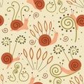 Cute snail animal vector seamless pattern.