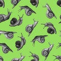 Cute snail cartoon pattern of funny ethnic drawings. Drawing by hand, pencil