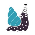 Cute Snail Character with Coiled Shell Wearing Birthday Cone Hat Vector Illustration