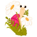 Cute snail character near daisy flowers in grass Royalty Free Stock Photo