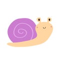 Cute snail cochlea icon. Purple violet shell house. Cartoon kawaii funny character. Insect bug. Smiling face. Childish style. Flat