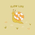 Cute snail in field among grasses. Slow life. Vector