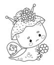 Cute snail girl in hat with flowers. Funny insect kawaii character. Line drawing, coloring book. Kids collection. Vector Royalty Free Stock Photo