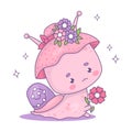 Cute snail girl in hat with flowers. Funny insect kawaii character in retro style. Cool vector illustration . Royalty Free Stock Photo