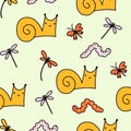 Cute snail seamless pattern. Sweet doodle animals with butterflies and dragonflies. Royalty Free Stock Photo