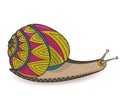 Cute snail. Wild life Cochlea Zen tangle. Doodle shell pink and yellow.