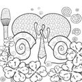 Cute snails adult coloring book page. Vector illustration. Royalty Free Stock Photo