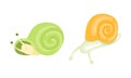 Cute Snails Set, Adorable Funny Baby Snail with Green and Yellow Shells Cartoon Vector Illustration