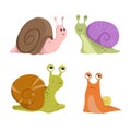 Cute snails set. Different types and emotions, funny snail characters collection.