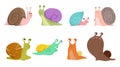 Cute snails set. Different types and emotions, funny snail characters collection.