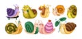 Cute snails set. Funny slow slugs. Slimy animals, happy kawaii baby characters. Adorable comic helix fauna, gastropods