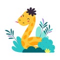 Cute snake in bushes. Adorable baby reptile on nature cartoon vector illustration Royalty Free Stock Photo