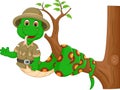 Cute snake cartoon twisted on tree with smile and waving