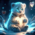 Cute Snow Leopard Cub hugging heart Hand drawn illustration of a white tiger cub sitting in the snow and holding a heart. Royalty Free Stock Photo