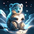 Cute Snow Leopard hugging heart Cute little snow leopard reading a book. Digital painting. AI generated
