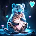 Cute Snow Leopard hugging heart Cute white snow leopard sitting on a rock and holding a heart generative AI Royalty Free Stock Photo