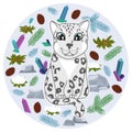 Cute snow leopard kitten with spruce branches, crystals, stones, cones, snow covered bush on gray background, cartoon drawing