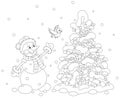 Funny Snowman playing with a small bird