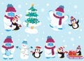 Cute snow yeti and his friend penguin celebrating Christmas and New Year vector set. Isolated on light background