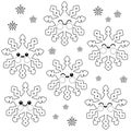 Cute snowflake characters. Cartoon winter snow flakes. Vector black and white coloring page