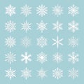 Cute snowflake collection isolated on blue background. Flat snow icons, snow flakes silhouette. Nice snowflakes for christmas Royalty Free Stock Photo