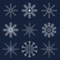 Cute snowflake collection isolated on blue background. Flat snow icons, snow flakes silhouette. Nice snowflakes for Royalty Free Stock Photo