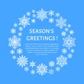 Cute snowflake poster, banner. Season's greetings. Flat snow icons, snowfall. Nice snowflakes for christmas banner, cards.