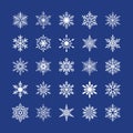 Cute snowflakes collection isolated on blue background. Flat snow icons, snow flakes silhouette. Nice element for Royalty Free Stock Photo