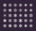 Cute snowflakes collection isolated on dark background. Flat snow icons, snow flakes silhouette. Nice element for