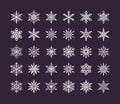 Cute snowflakes collection isolated on dark background. Flat snow icons, snow flakes silhouette. Nice element for