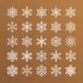 Cute snowflakes collection isolated on gold background. Flat line snow icons, snow flakes silhouette. Nice element for