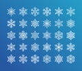 Cute snowflakes collection isolated white on blue background. Flat line snow icons, snow flakes silhouette. Nice element Royalty Free Stock Photo