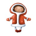 cute snowgirl in warm coat, children's illustration, watercolor style clipart with cartoon character Royalty Free Stock Photo