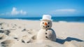 A cute snowman on the beach in bright sunlight, with the sea or ocean in the background. Merry Christmas time, greeting Card.