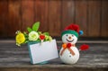 Cute snowman with blank white card on flower pot over blurred wood background Royalty Free Stock Photo