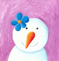 Cute snowman with blue flower