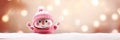 A cute snowman on blurred peach fuzz background. Winter holiday banner for Christmas greetings, announcements or Royalty Free Stock Photo