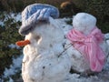 Cute snowman built by children in winter