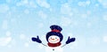 Cute snowman in cartoon design on a sparkling snowy winter background. Christmas and New Year banner with place for text. Snowman