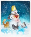 Cute snowman with cats watercolors painted