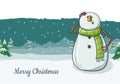 Cute snowman character illustration in green scarf, with winter background